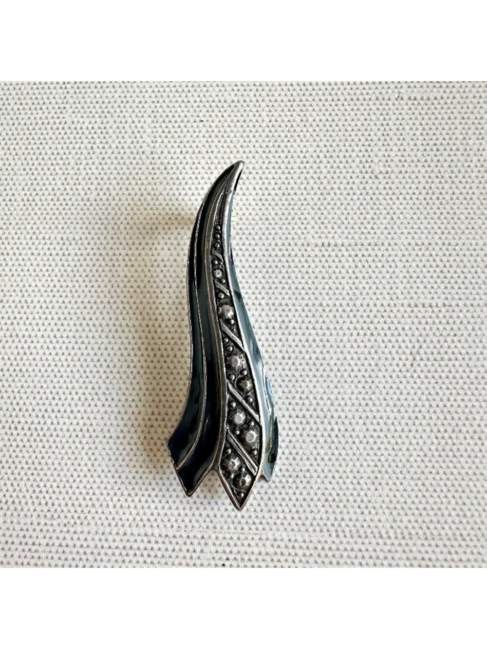 Vintage Art Deco Style Sterling Silver Plume Brooch Black Enamel Faux Marcasite